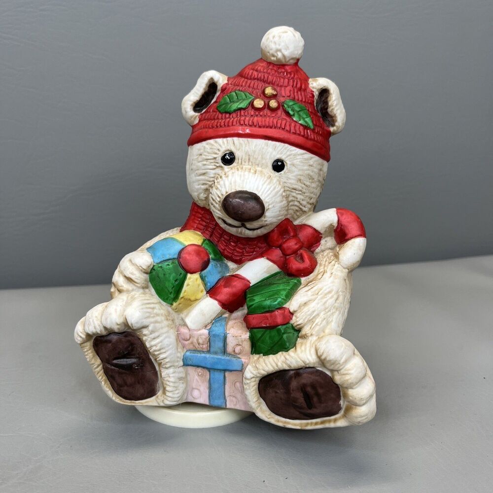 Vintage Christmas Musical Windup Turning Ceramic Polar Bear Music Box Toyland